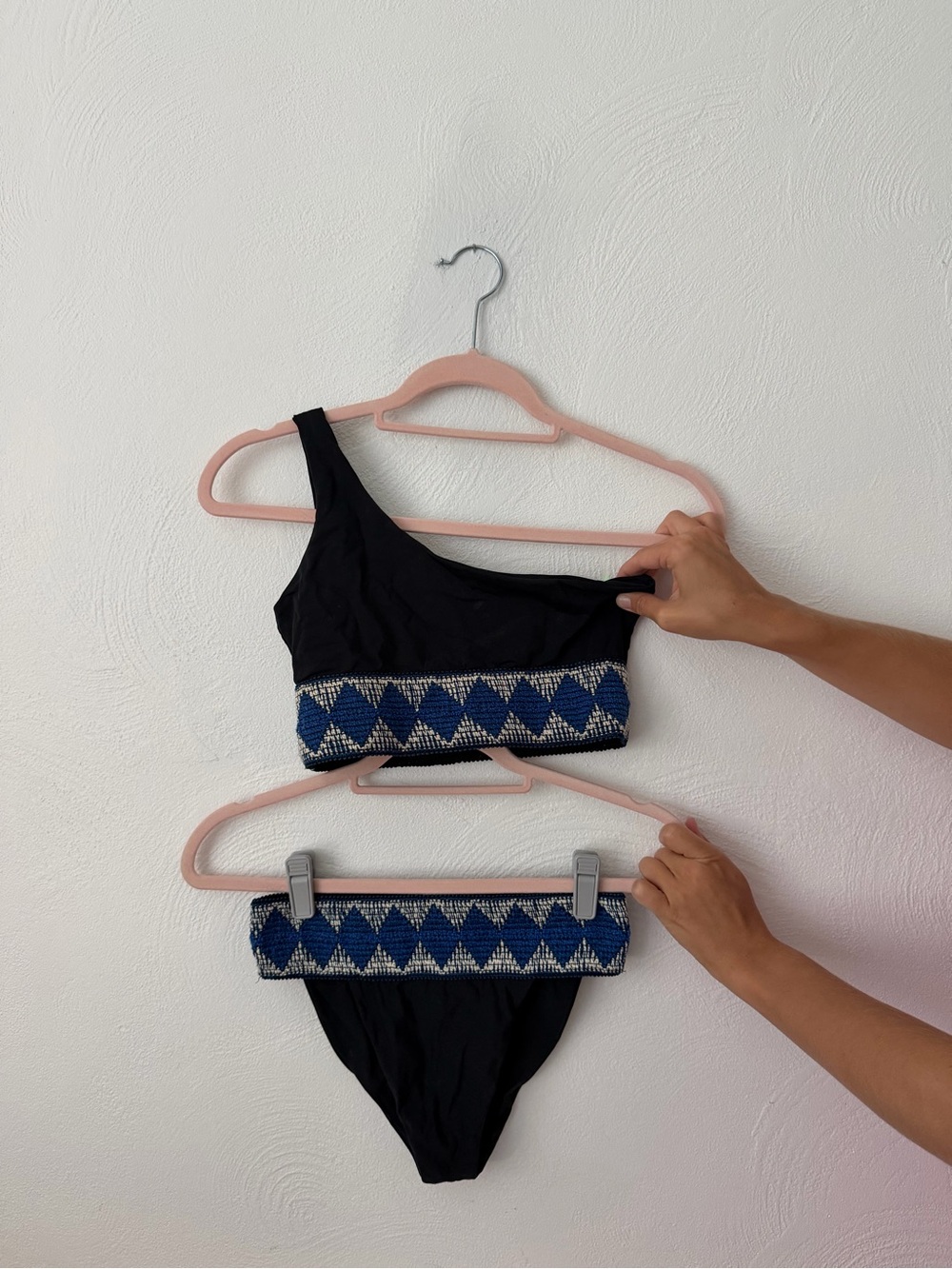 Elysiian One-Shoulder Black Bikini with Blue Diamond Trim